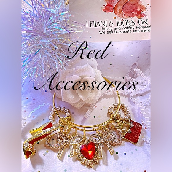 Gold charm bangle bracelet with hearts and rhinestones, Birthday gift, - Picture 2 of 7